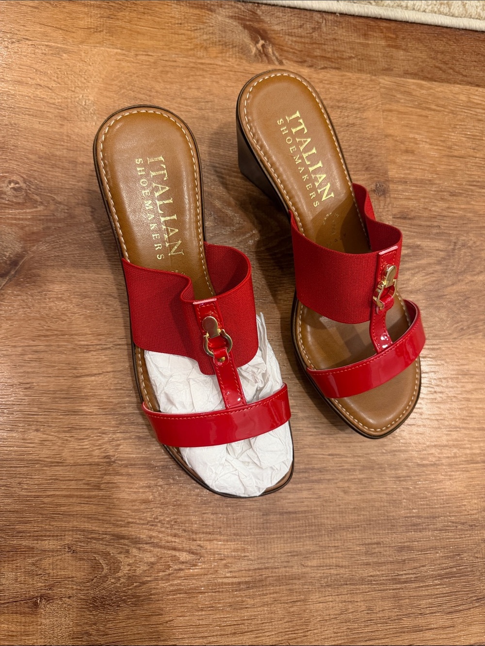 Size 8.5Italian Shoemakers Red Patent and Fabric Slide Heels